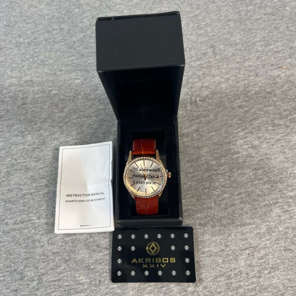 NIB Akribos XXIV AK883BR Quartz Swarovski Crystal Brown Leather Watch